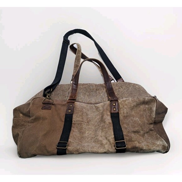 Canvas Distressed Dufflebag Brown Leather Weekender Bag Shoulder Strap Travel - Picture 1 of 8